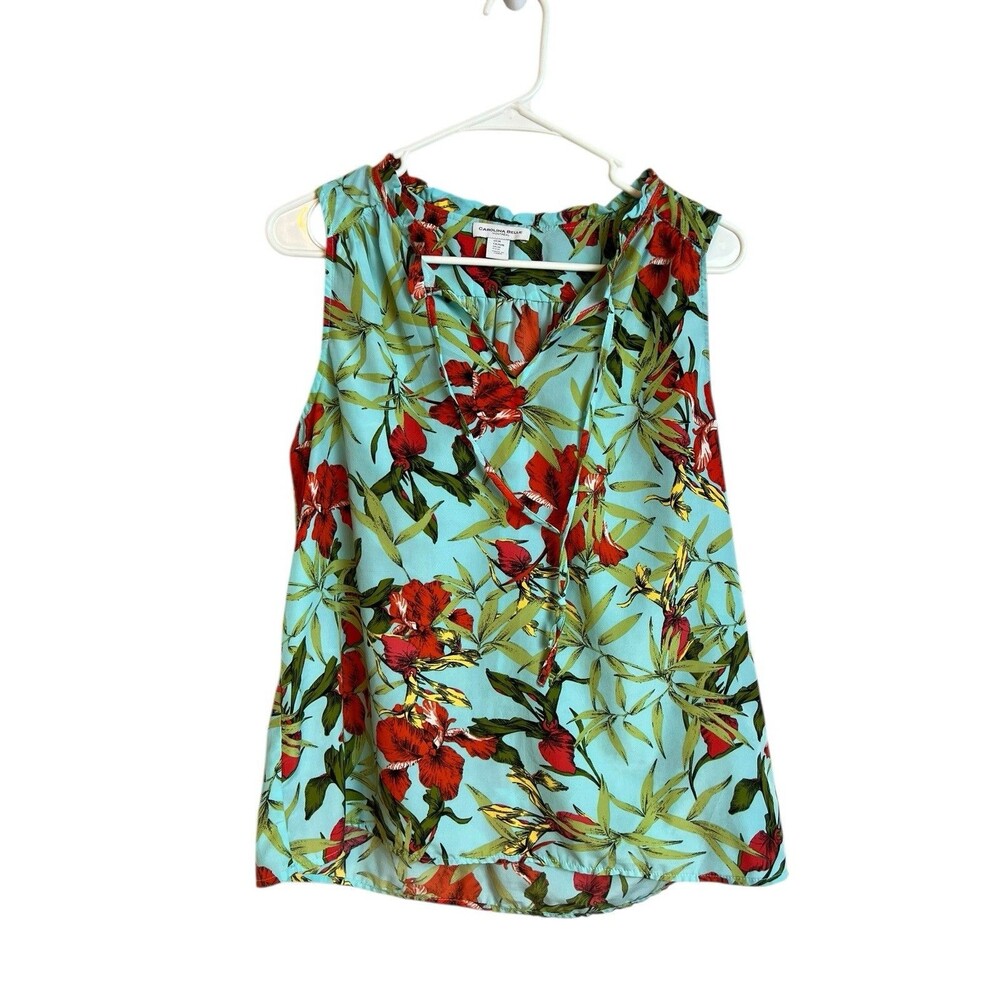 Carolina Belle Montreal sleeveless Shirt Womens M Floral Aqua Blouse